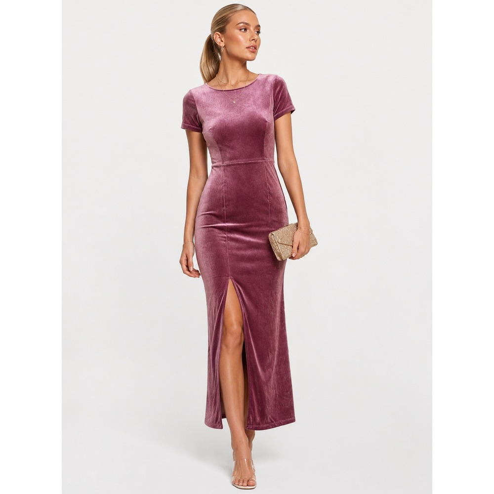 Zara Raspberry Pink Velvet Maxi Dress Short Sleeve Side Slit Size S NWOT